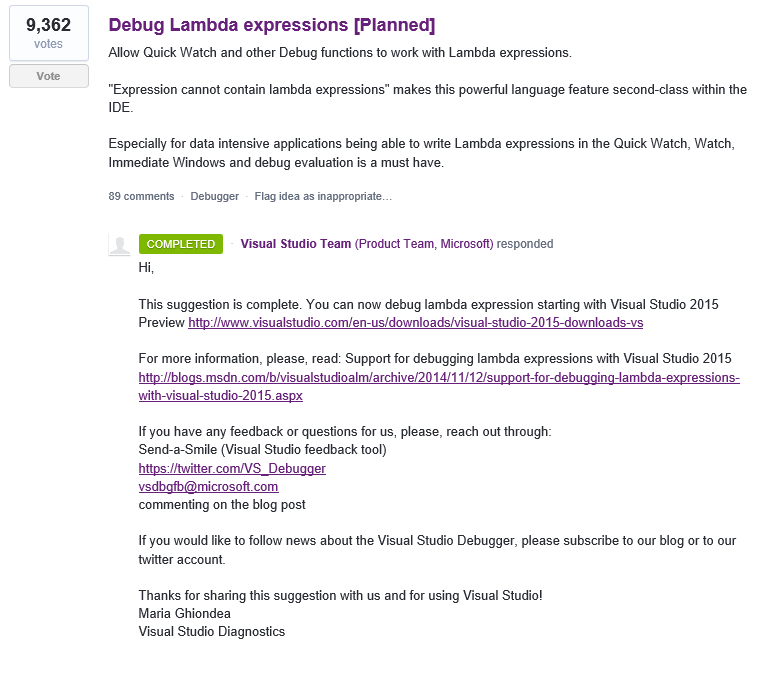 Debug Lambda expressions [UserVoice]